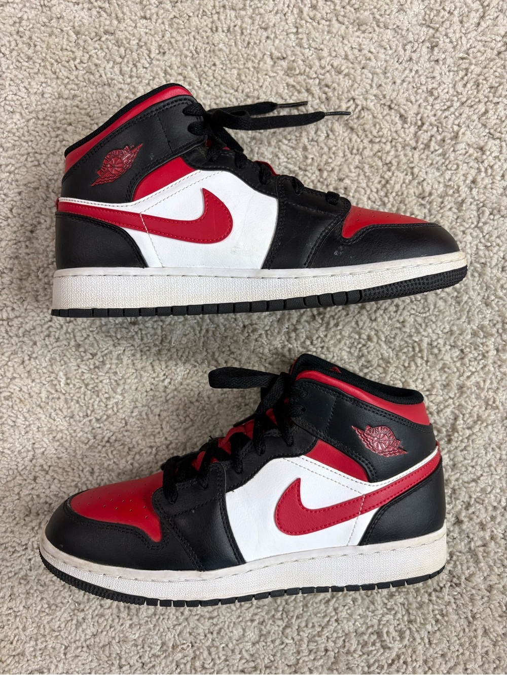 Youth NIKE Black Red White AIR JORDAN 1 Mid BRED TOE Basketball SNEAKERS Shoes 7